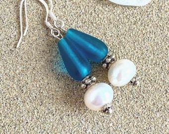 Freshwater Pearl Earrings: Aqua Frosted Glass, Sterling Silver