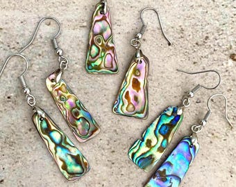 Polished Abalone Shell Dangle Earrings, Light Comfortable Coastal Beachy Boho Gift.