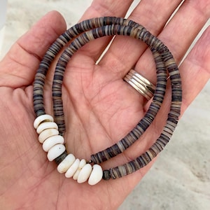 17.25&quot; Puka Shell Necklace with Brown Shell Heishi Beads with Original Copper Hook Clasp for Men or Women. Vintage 1970s, Beachy Boho Gift!