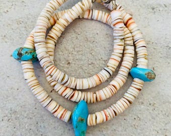 Vintage Domingo Pueblo Style Heishi Shell Necklace, Raw Turquoise Nugget Unisex Choker, Southwestern, Surfer, Boho Gift Jewelry 18.5” Long