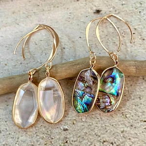 Abalone or Mother of Pearl Shell Pieces in a Gem Cut Resin Design with Gold Tone Frame Light Comfortable Elegant Beachy Earring Gift