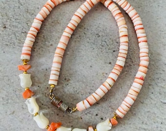 Vintage Conch Shell Heishi Bead Necklace with Six Hawaiian Pikake Mother of Pearl Beads and Coral Choker 15.5” Beach Surfer Necklace Gift