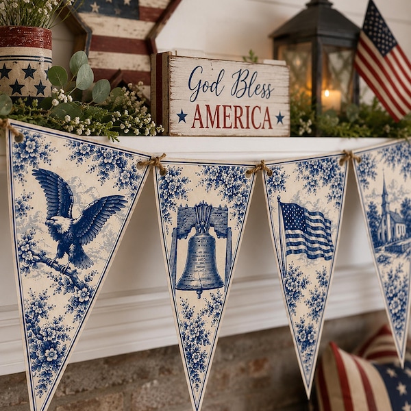 Blommig Americana Toile-vippor, patriotisk bondgårdsdekor, vintageblå banderoll (digital nedladdning)