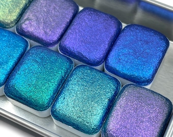 Oceans8 Quarter Pan Handmade Color Shift Aurora Shimmer Metallic Chameleon Watercolor Paints by iuilewatercolors