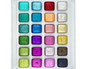 IUILE Christmas Watercolor Set - 24 Handmade Shimmer Metallic Half Pans in Acrylic Case, Holiday Gift for Artists