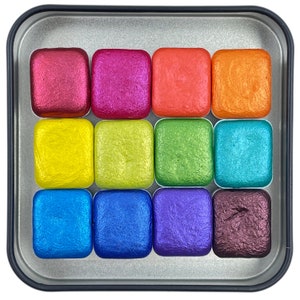 Mica H12 E set Handmade Shimmer Metallic Watercolor Paint half pans By iuilewatercolors