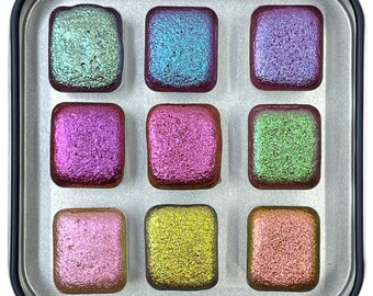IUILE RC Colorshift Watercolor Set - 9 Handmade Chameleon Half Pans RC1-RC9, Red Base Color Shift Paint in Tin
