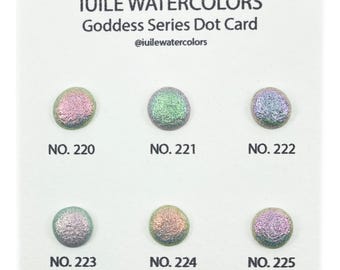 May include: A card featuring six iridescent watercolour dots, labelled with numbers 220 to 225. The card is titled "IUILE WATERCOLORS Goddess Series Dot Card" with the social media handle "@iuilewatercolors".