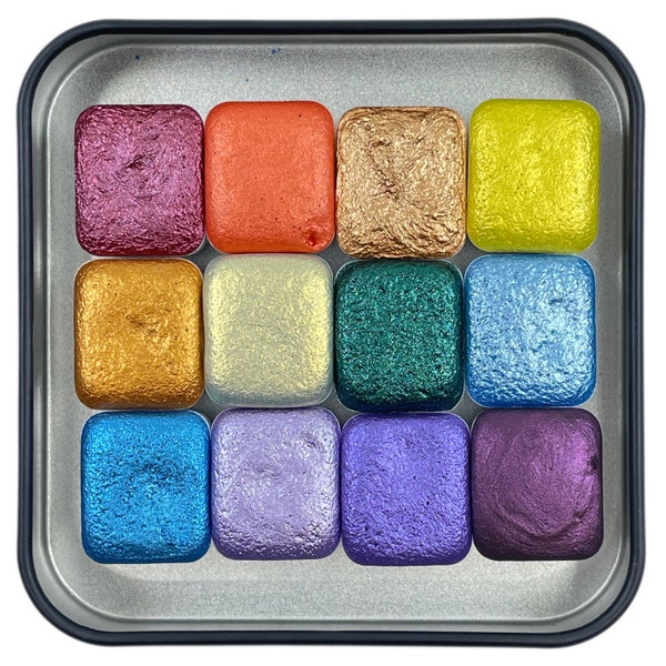 Mica H12 C set Handmade Shimmer Metallic Watercolor Paint half pans By iuilewatercolors