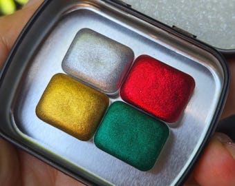 Quarter Merry Christmas set 4 Pan Handmade Chrome Shimmer Metallic Watercolor Paints