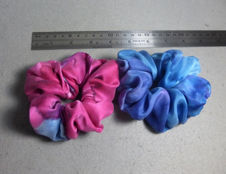 Fuchsia Pink and Blue Hand Painted Silk Scrunchies set of 2 medium Silk Scrunchies Silk Hair Ties
