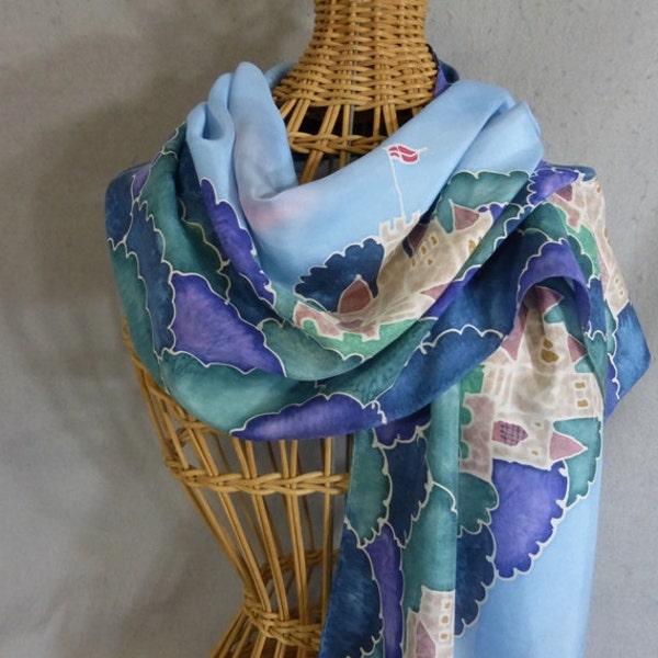 Hand Painted Silk Scarf "Whimsical Castles"