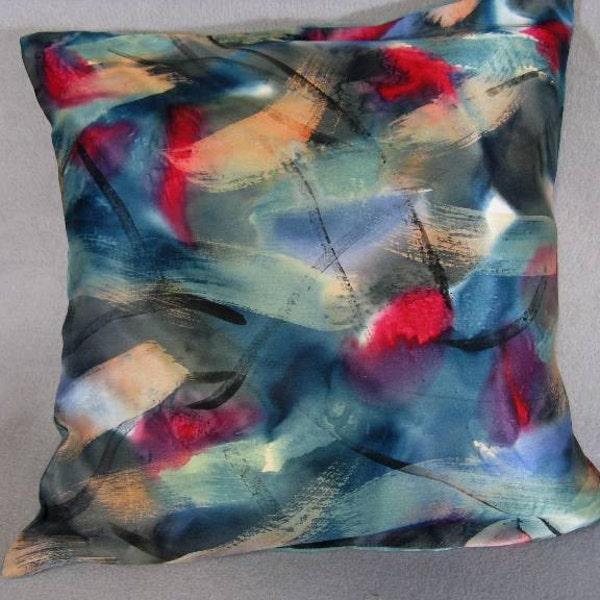 Hand Painted Silk Pillow Cover "Teal Brushstroke"
