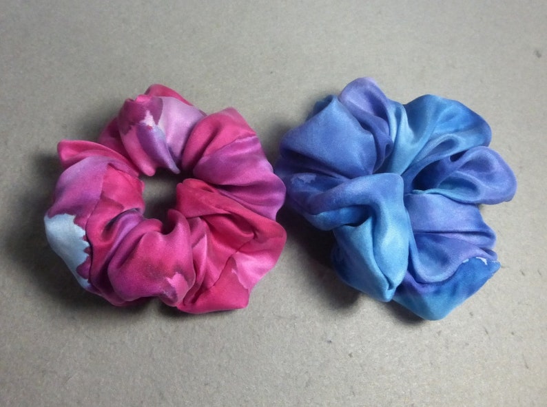Fuchsia Pink and Blue Hand Painted Silk Scrunchies set of 2 medium Silk Scrunchies Silk Hair Ties