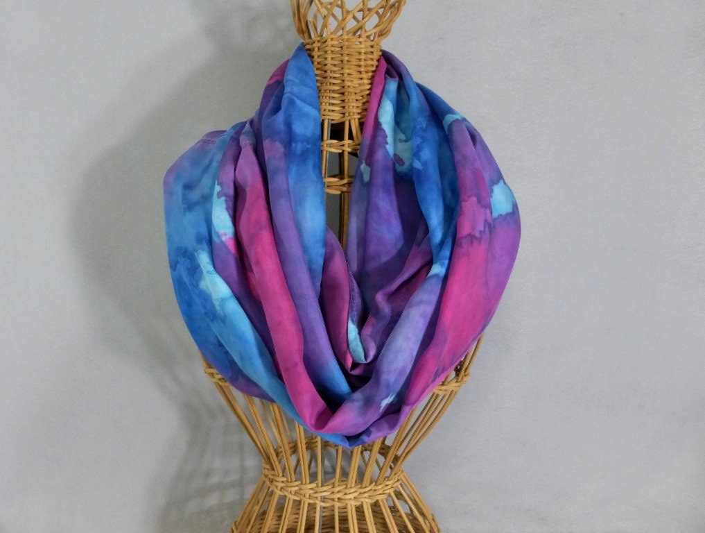 Silk Infinity Scarf Turquoise and Lavender Blend Hand Painted Silk Circle Scarf