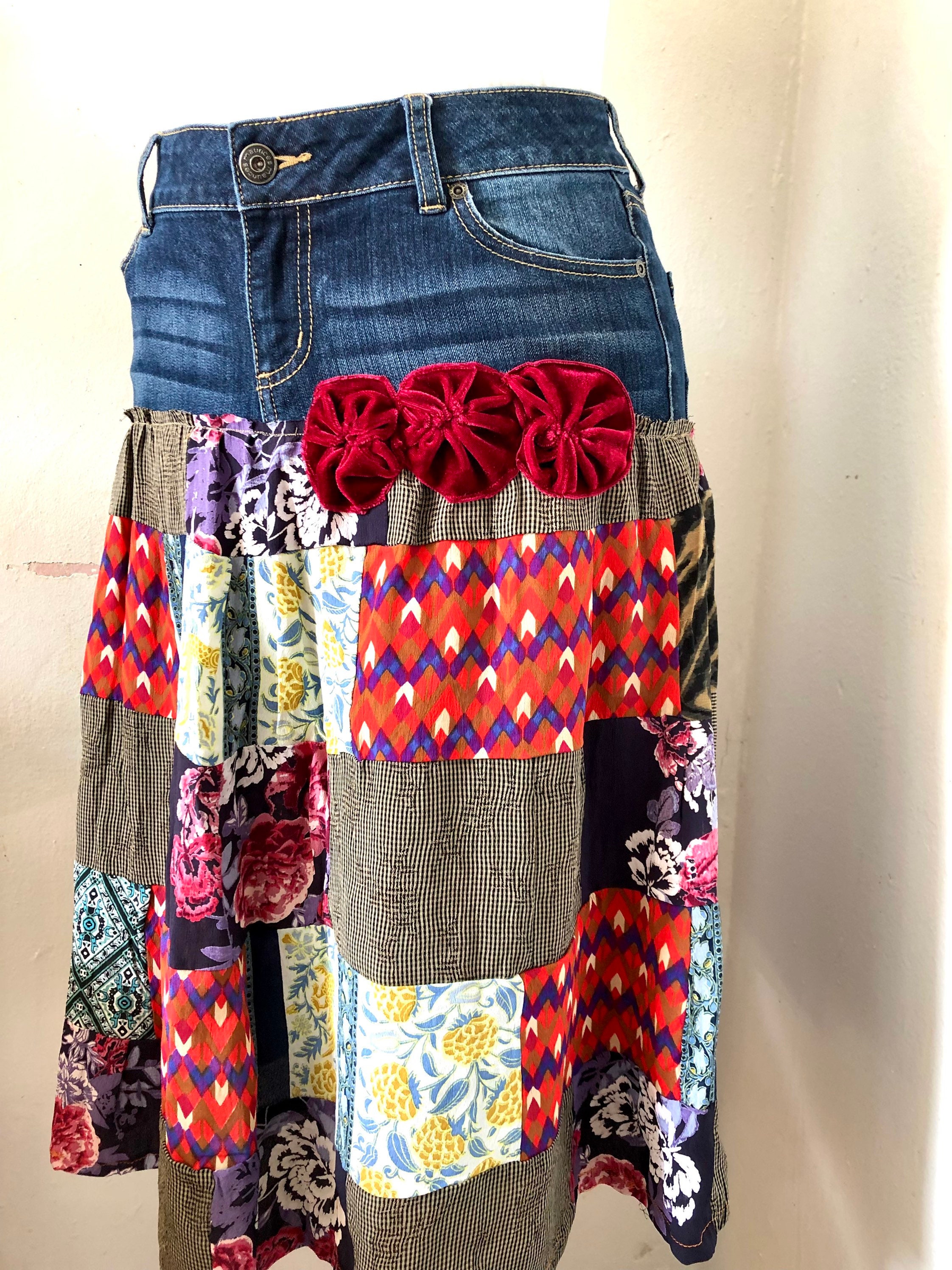 Upcycled Wearable Art Denim Skirt/velveteen Flowers Patchwork Skirt ...