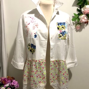 Upcycled Women Shirt, Refashioned Women Shirt, Repurposed Shirt, Recycled Shirt,patchwork Shirt,Women Shirt, Shirt, Decorated Shirt, M-L
