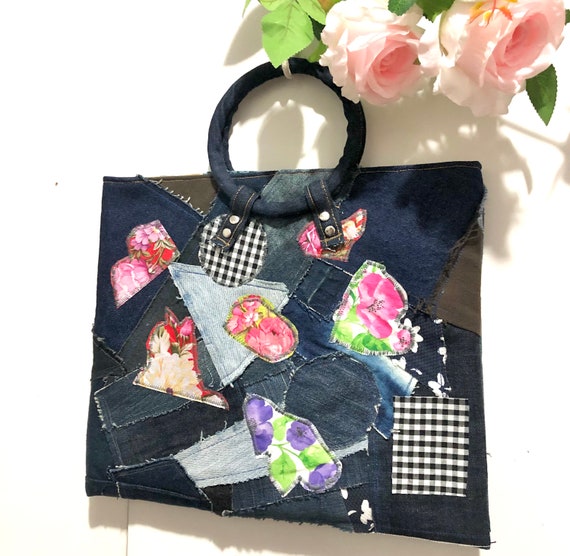 Patchwork Denim Tote, Upcycled Denim Handbag, Recycled Denim Tote