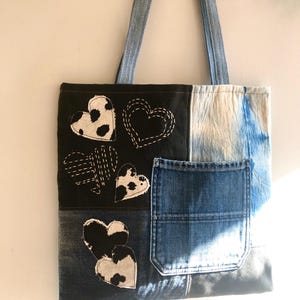 Tote/grote tas van geüpcycled patchwork denim en canvas