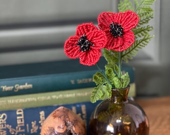 May include: A decorative arrangement featuring two red poppy flowers with black centres in a small brown glass vase. A geode and books are also visible on a wooden surface.