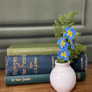 May include: A small, round, pale pink vase contains blue and yellow beaded flowers and green fern. The vase is on a wooden surface in front of a stack of books with titles like "Flowers of the Field" and "In Your Garden."