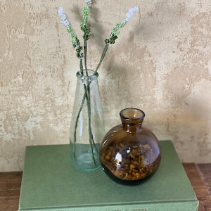 May include: A clear glass bottle holds beaded stems with white and green accents. A small, round amber glass bottle sits on a stack of green books. The books are titled "The Illustrated Guide to Garden Flowers" and "In Your Garden."