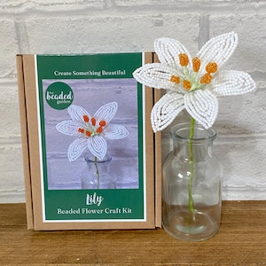 May include: A beaded lily flower craft kit. The white beaded flower with orange details is displayed in a clear glass vase. The kit box is brown and green, with the text "Create Something Beautiful" and "The Beaded Garden".