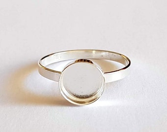 8mm round bezel 925 sterling silver ring base with 2mm flat band, round cabochon diy ring findings