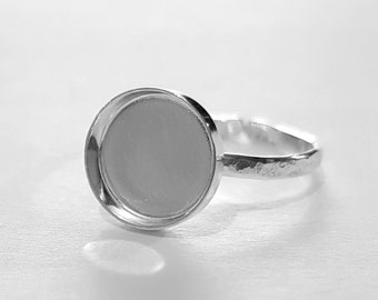 10mm round bezel 925 sterling silver ring base with 2mm adjustable hammered or shiny band, round cabochon diy ring findings