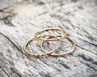 Set of 3 rings 14ct yellow Gold-filled, shiny, hammered and twisted, stackable,