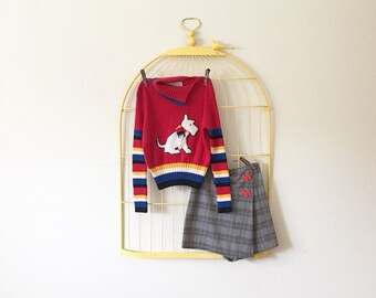 1990s Colorful Striped Scotty Dog Appliquéd Turtle Neck Sweater/Plaid Skorts Set (Girls Size 6)