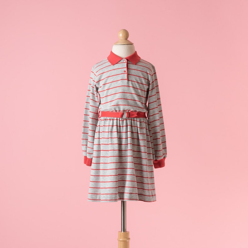 Girls Size 6 Vintage Health-Tex Heather Grey And Red Striped Jersey Knit Dress