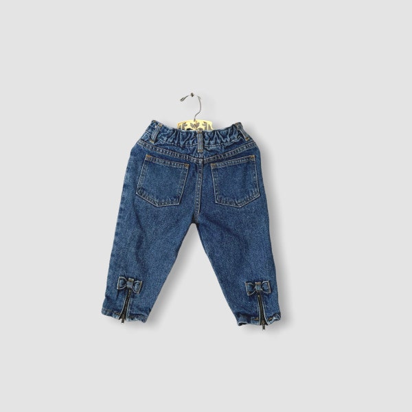 Vintage Bow With Zipper Back Leg Denim Blue Jeans (Size 18 Months)