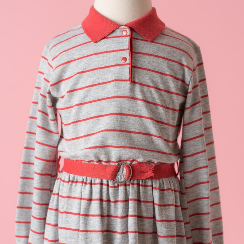 Girls Size 6 Vintage Health-Tex Heather Grey And Red Striped Jersey Knit Dress