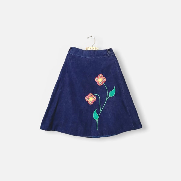 vintage 1970s Navy Corduroy Flower Appliquéd Wrap Around Skirt (Filles Taille 10)