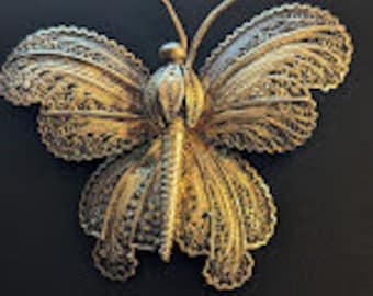 Broche Ancienne Papillon En Argent Et Vermeil Filigrané - Style Romantique, Vintage - Occasion, Très Bon état