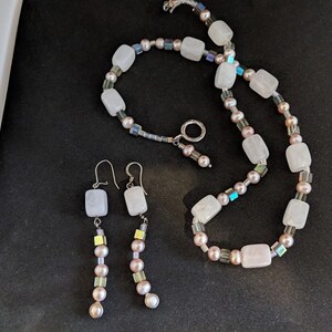 Vintage Pale Rose Quartz , Pearl and Sterling Silver Necklace and Earrings Set
