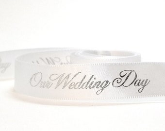 Pair of Our Wedding Day shoelaces, Bride groom shoe laces, Silver font on white satin laces, Wedding shoelaces, Bridal laces, 5/8" laces