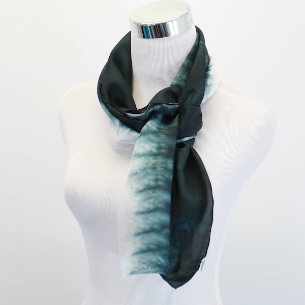 Hand Dyed silk scarf  8"x72" Shades of black ombre abstract, Gray and white abstract scarf, Habotai silk scarf, Black and white scarf