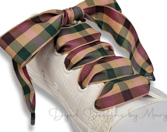 Pair of 1" Scottish plaid laces, plaid ribbon shoelaces, 1" wide laces, burgundy tan and green shoestrings, Pair (2 laces)