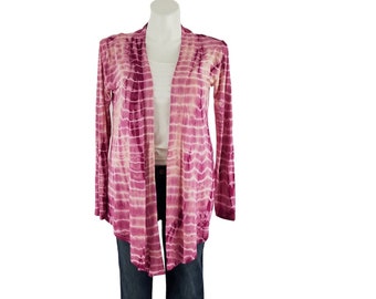 Tie dye cardigan, Rayon jersey cardigan, Striped cardigan, long sleeve cardigan, lightweight sweater, draped open front cardigan, size M