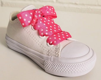 Pair of Hot pink grosgrain ribbon, hot pink polka dot laces, 5/8" polka dot shoelaces, Polka dot laces, grosgrain shoe laces