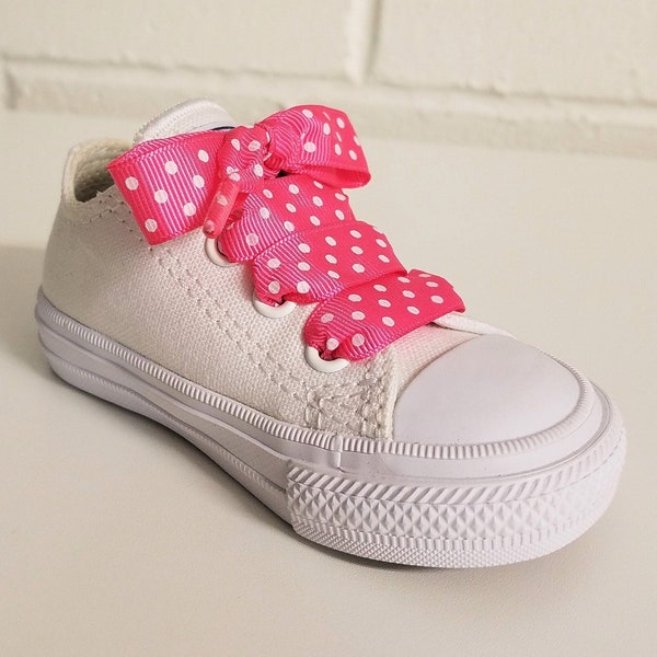 Pair of Hot pink grosgrain ribbon, hot pink polka dot laces, 5/8" polka dot shoelaces, Polka dot laces, grosgrain shoe laces