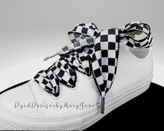 Pair of Wide checkerboard laces, black and white shoelaces, 1.5" wide shoestrings, black and white shoestrings, race car shoelaces