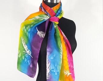 Hand Dyed  rainbow scarf, Silk Satin scarf, Feathers in a rainbow, Feather batik scarf, Wide silk scarf, Rainbow silk shawl