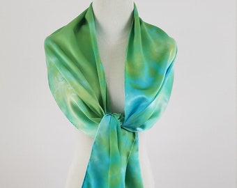 Hand dyed Charmeuse, Green silk scarf 14" x 72", Multi color abstract silk, Bright silk shawl, soft silk scarf, long silk scarf.