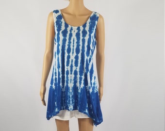 Ladies tie dye tank top, Shibori dyed tunic top, Women's  top, 100% cotton tunic top, Blue and white striped top, summer tunic