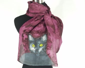 Hand dyed silk scarf, cat on silk scarf, Serti method on silk, black cat silk scarf, Wine colored silk scarf, 14 x 72 habotai silk scarf