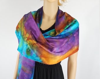 Hand dyed Charmeuse, silk scarf 14" x 72", Multi color abstract silk, Bright silk shawl, soft silk scarf, long silk scarf.