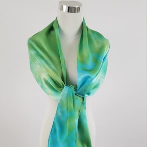 Hand dyed Charmeuse, Green silk scarf 14&quot; x 72&quot;, Multi color abstract silk, Bright silk shawl, soft silk scarf, long silk scarf.
